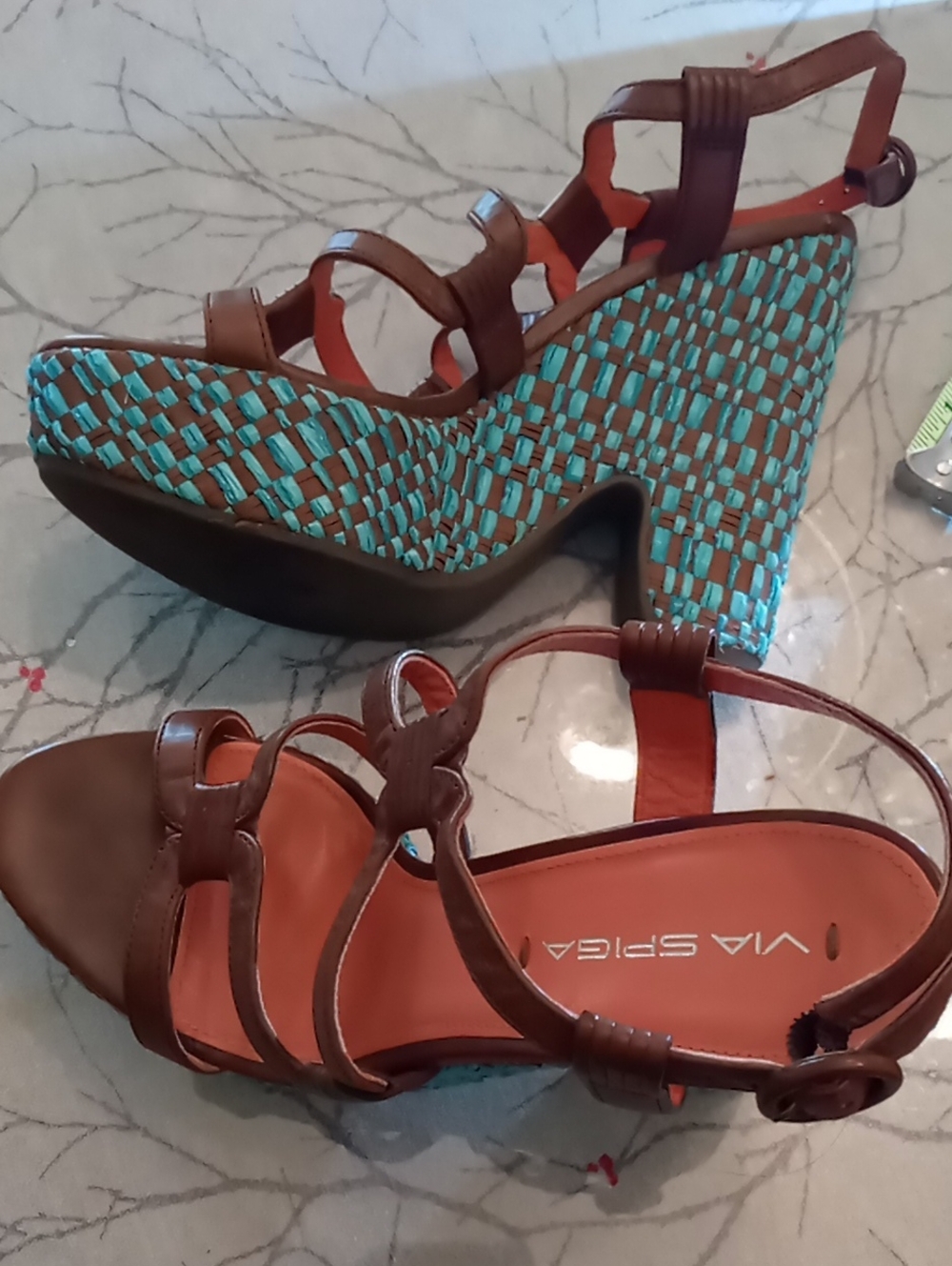 VIA SPIGA Brown Leather Wedge Sandals with Turquoise Woven Platform